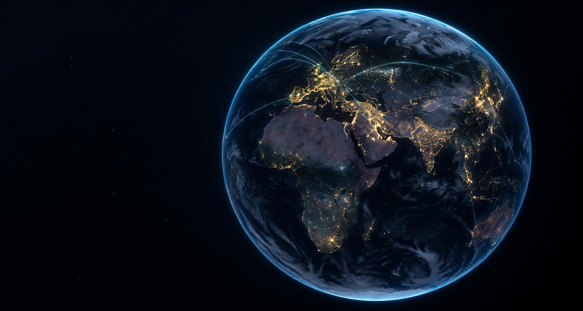 Night-time 3D globe with illuminated cities and flight arcs